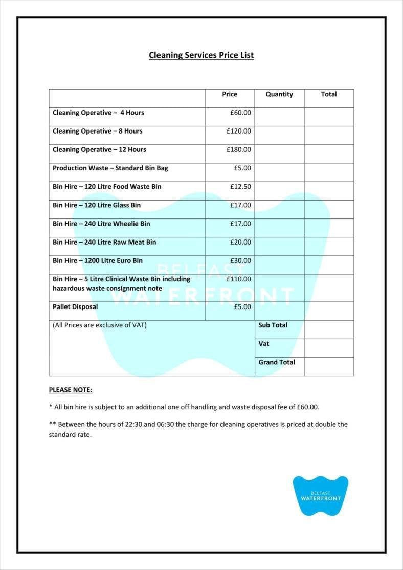 sample business price list template