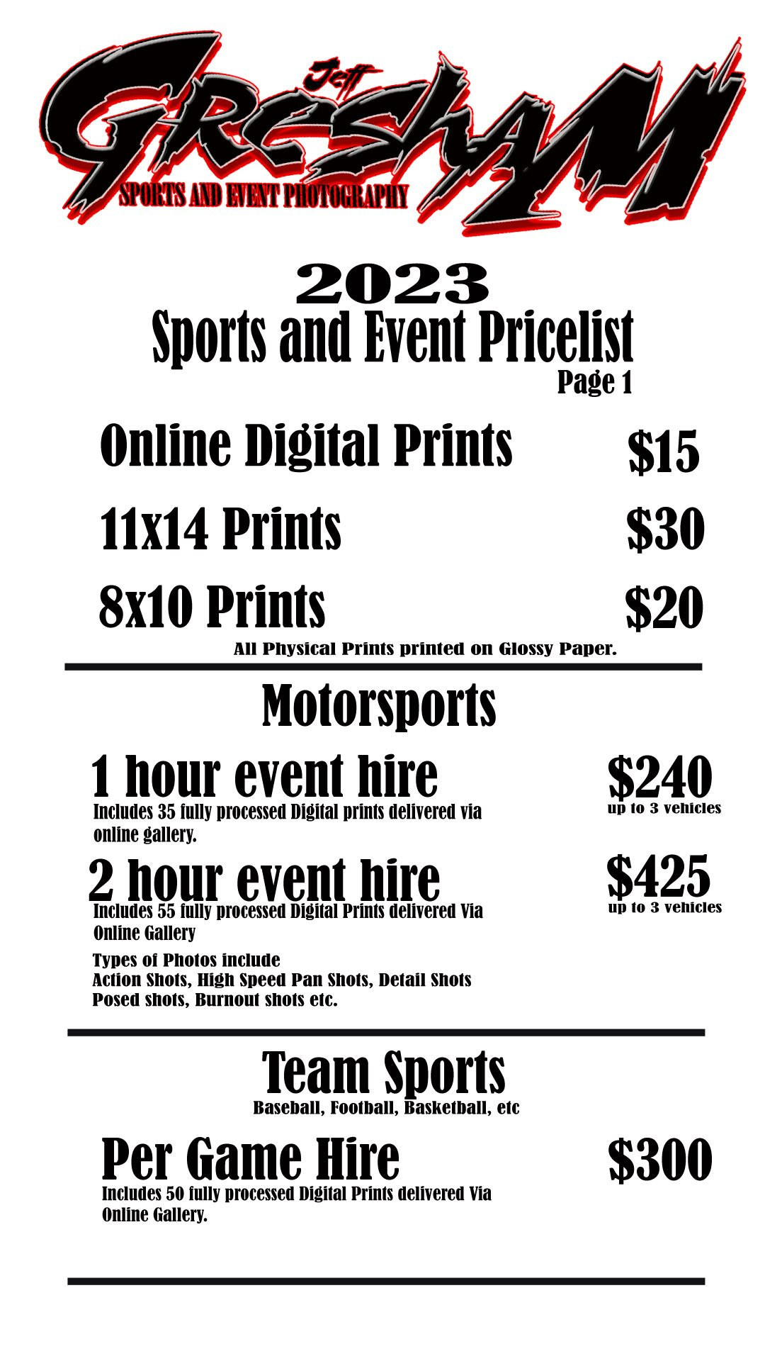 sample sports photography price list template