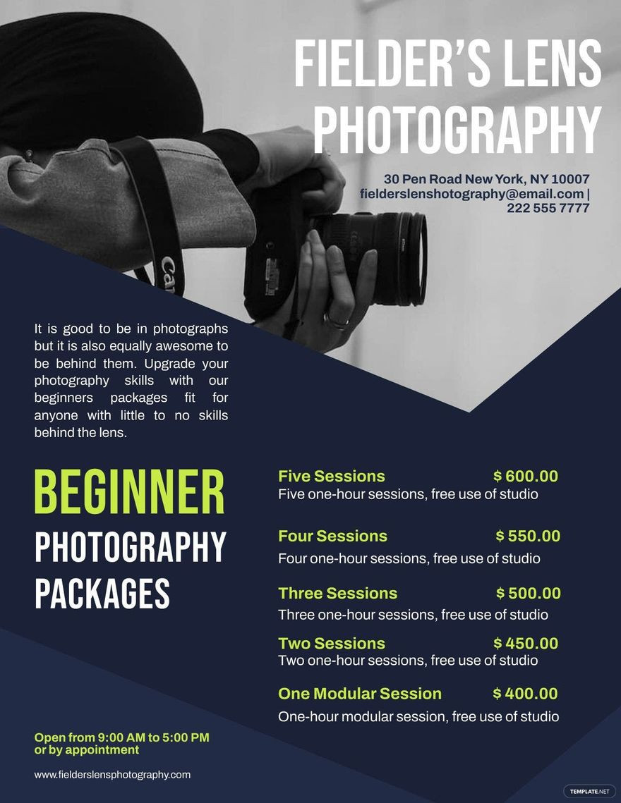 sample beginner photography price list template