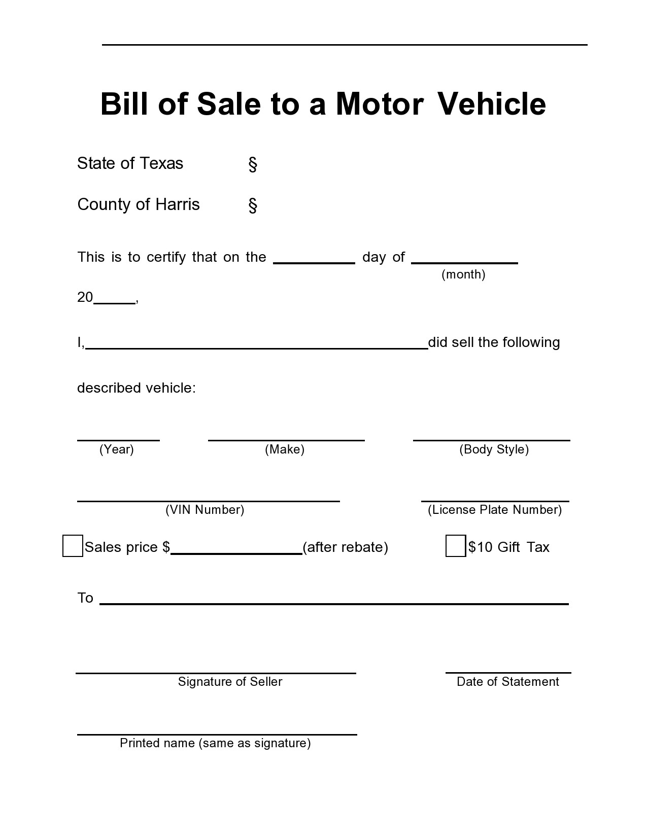 sample Motor Vehicle Bill of Sale Template