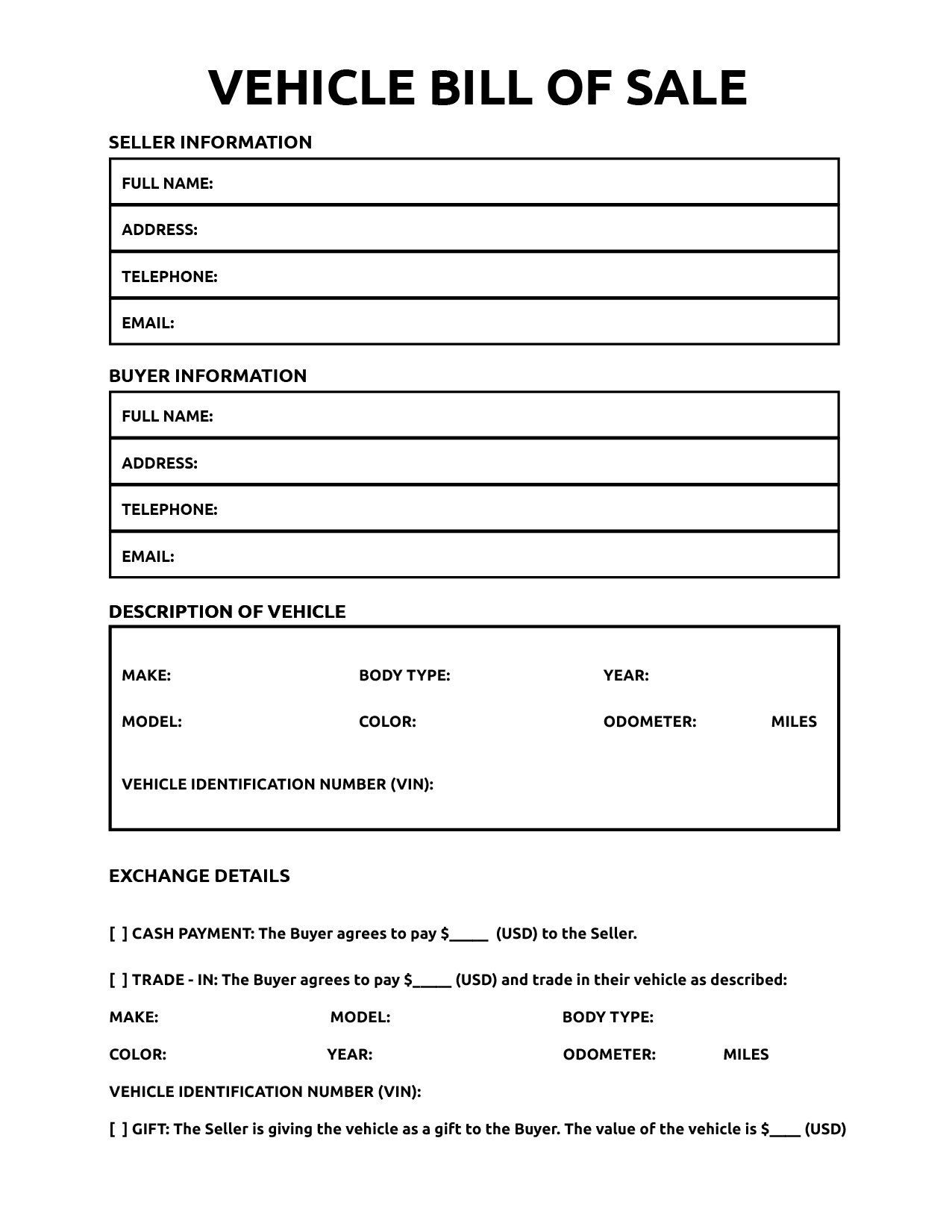 sample Motor Vehicle Bill of Sale Template