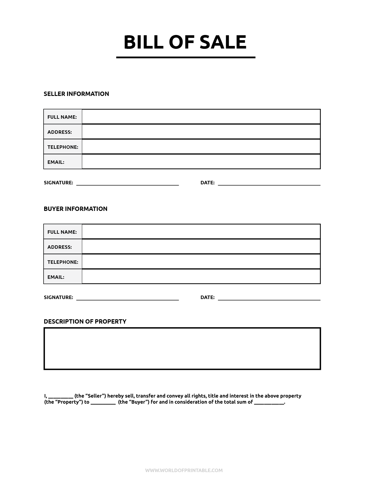 sample General Bill of Sale Form