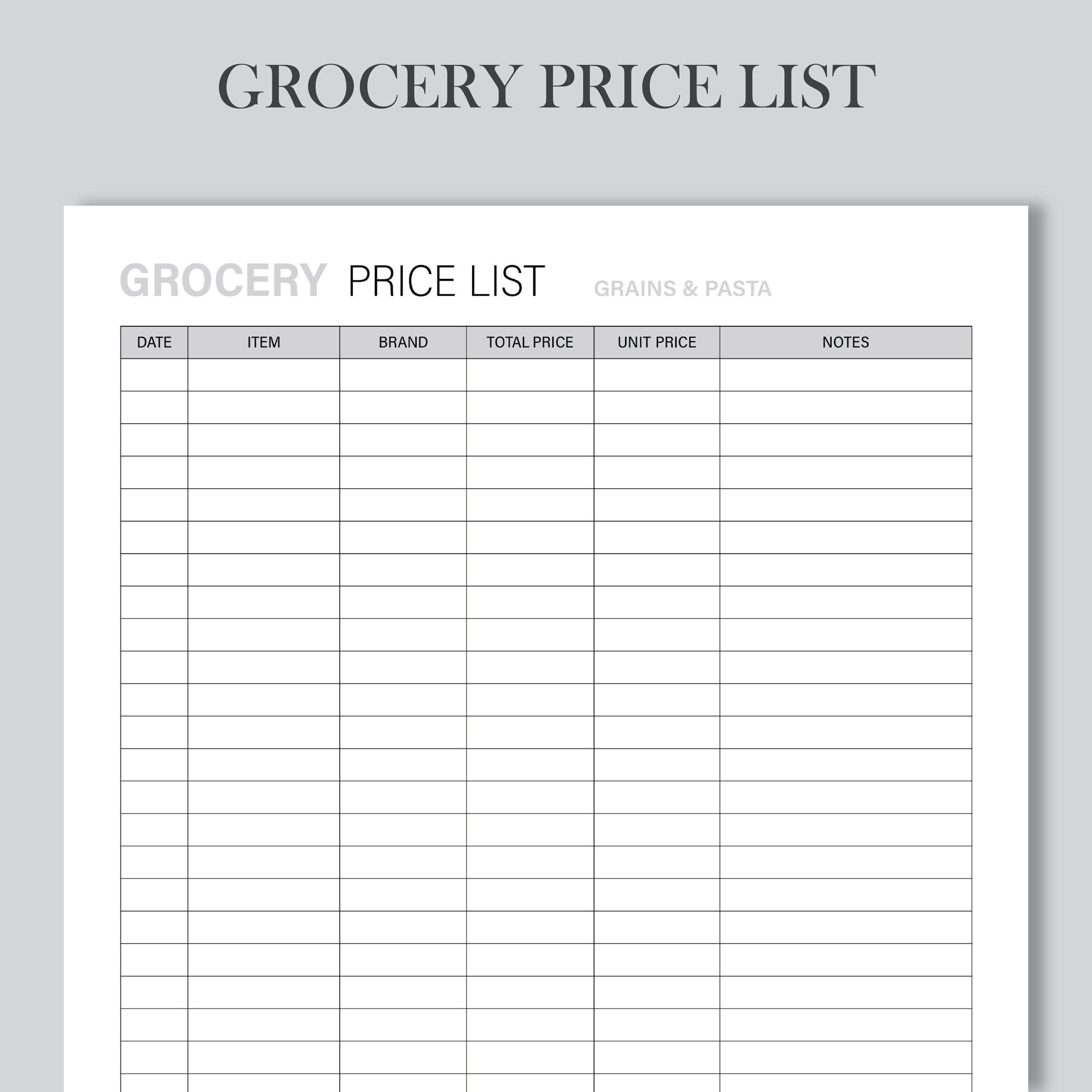 sample grocery price list template