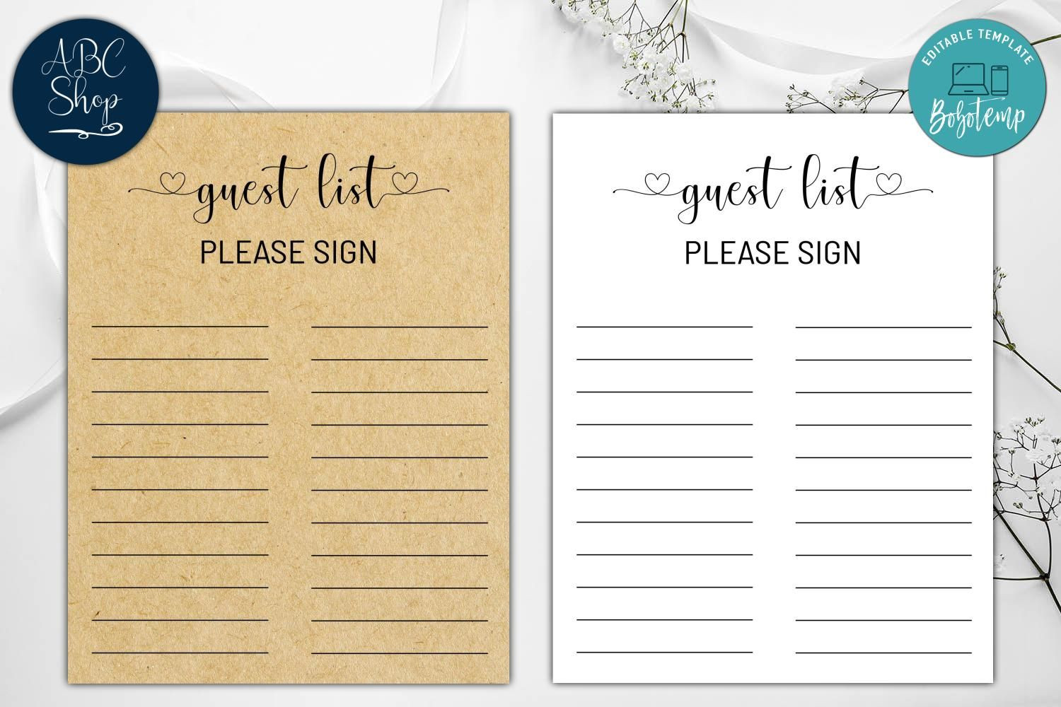 sample Bridal Shower Guest List Template