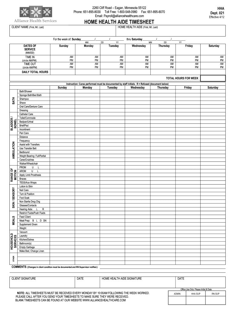 sample home health care timesheet template