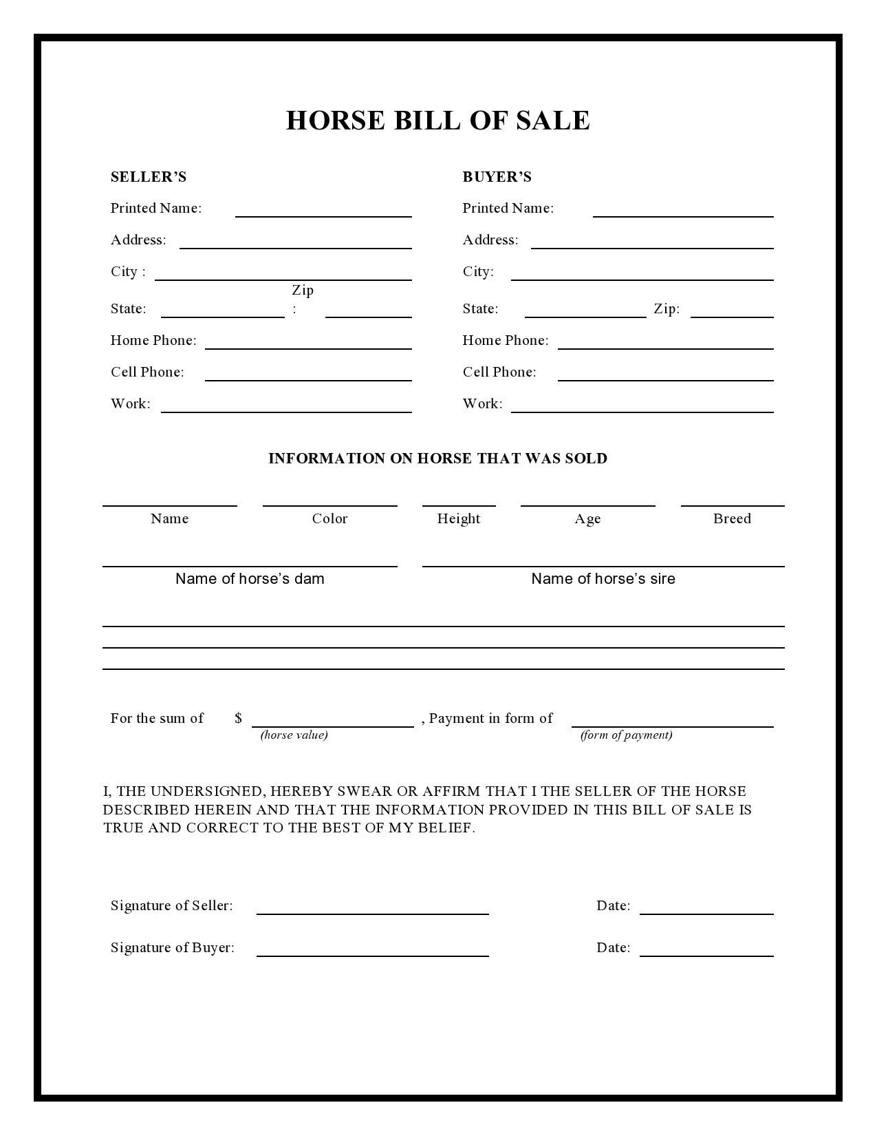 sample Horse Bill of Sale Form