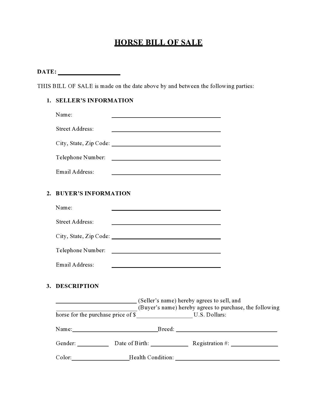 sample Horse Bill of Sale Form