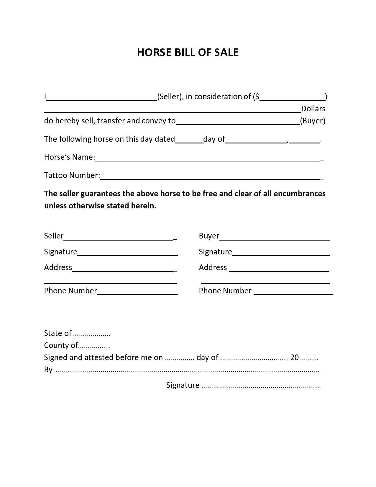 sample Horse Bill of Sale Form