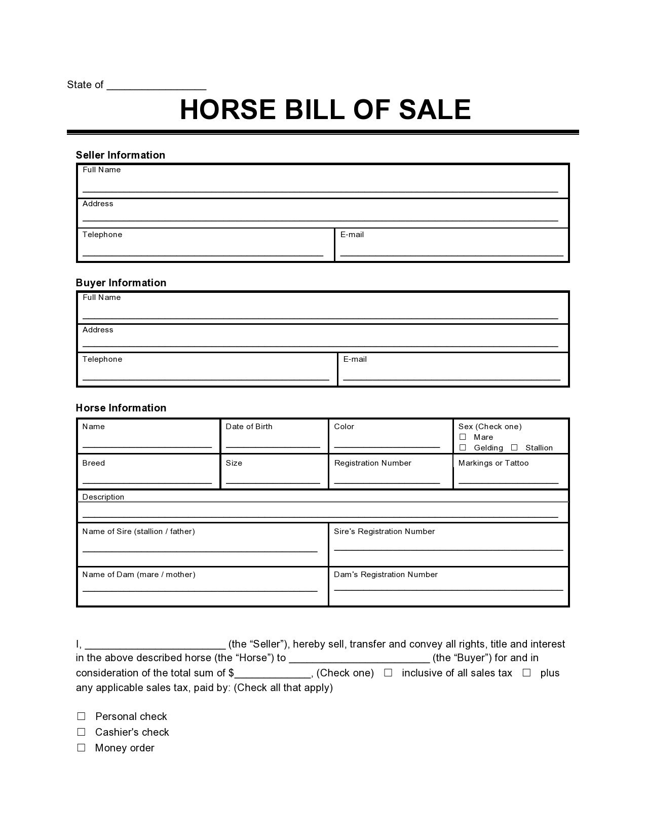 sample Horse Bill of Sale Form