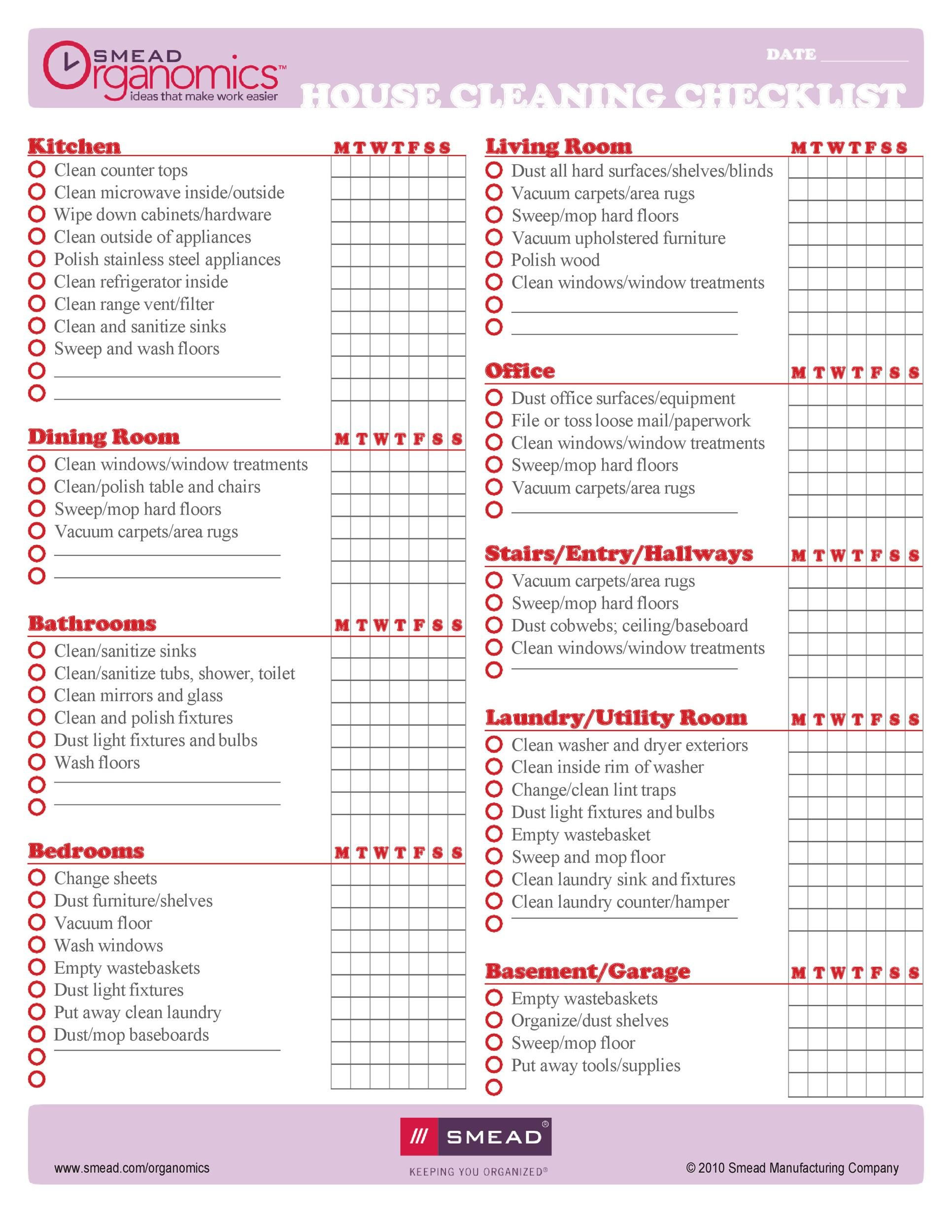 sample House Cleaning Checklist Template