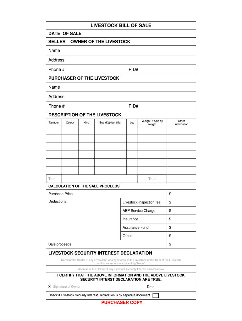 sample Livestock Bill of Sale Form