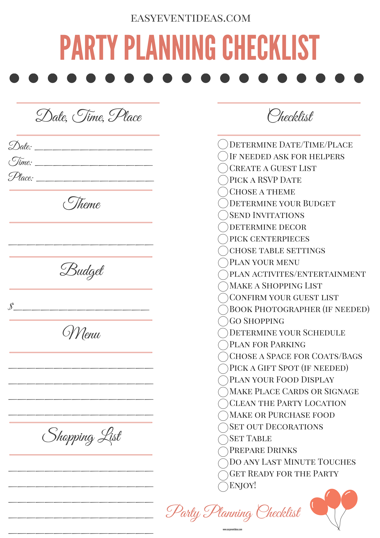 sample Party Planner Checklist Template