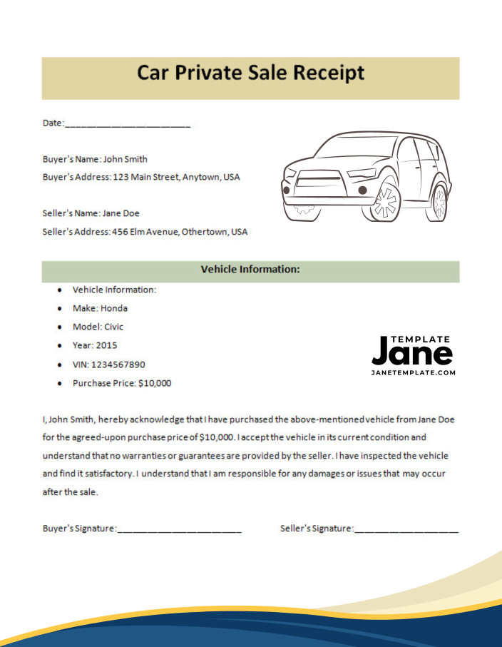 Sample of printable private car sale receipt template