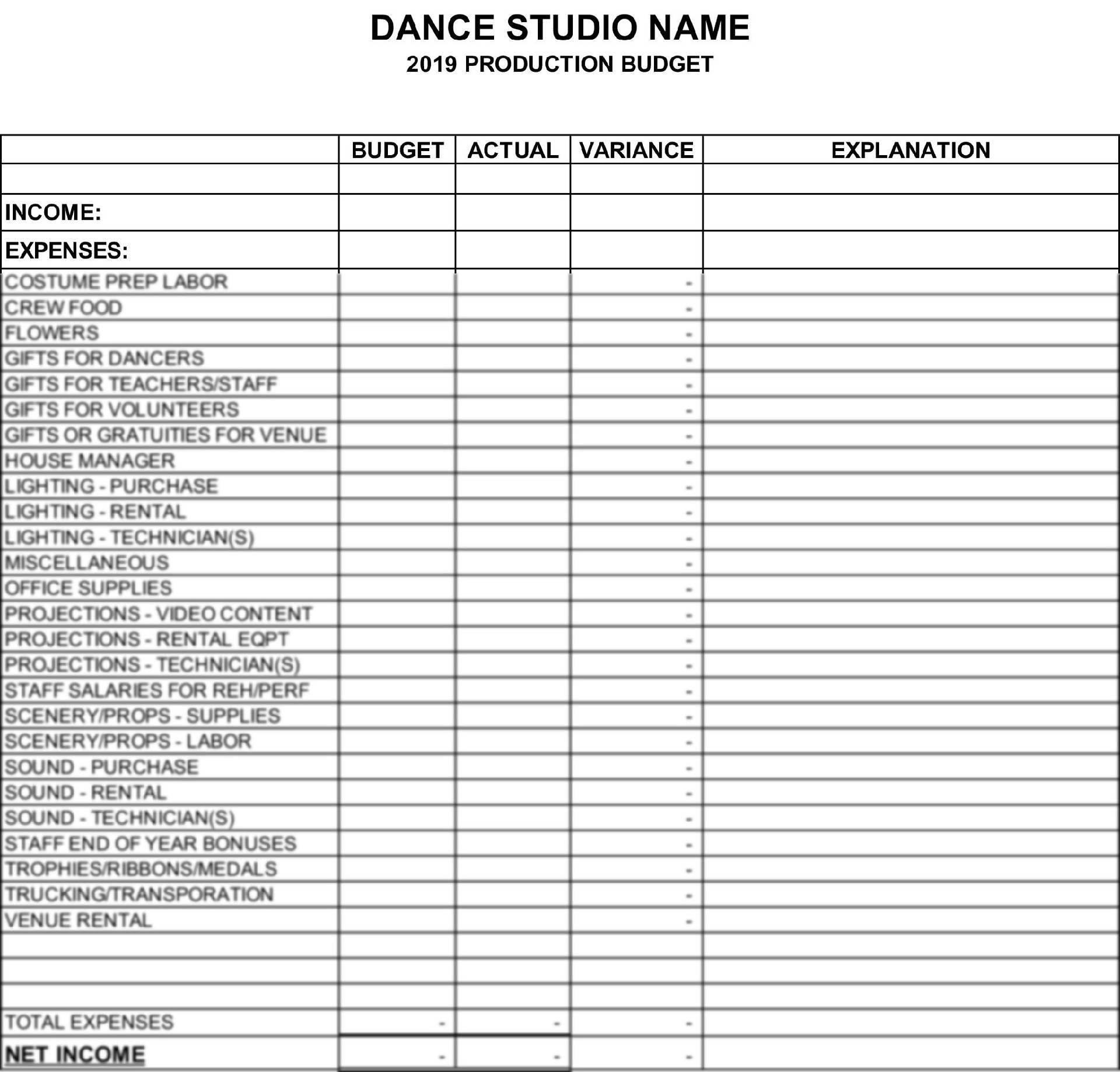 sample dance studio budget template