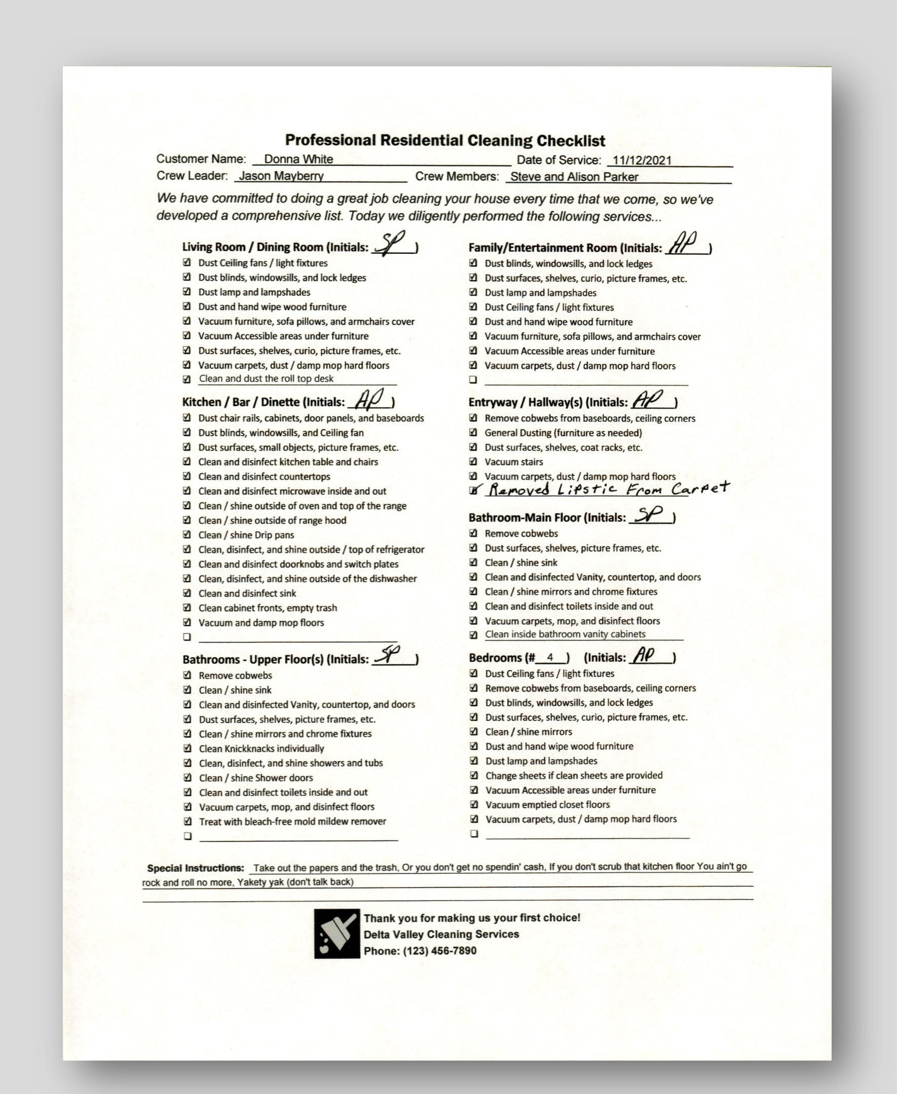 sample Residential Cleaning Checklist Template