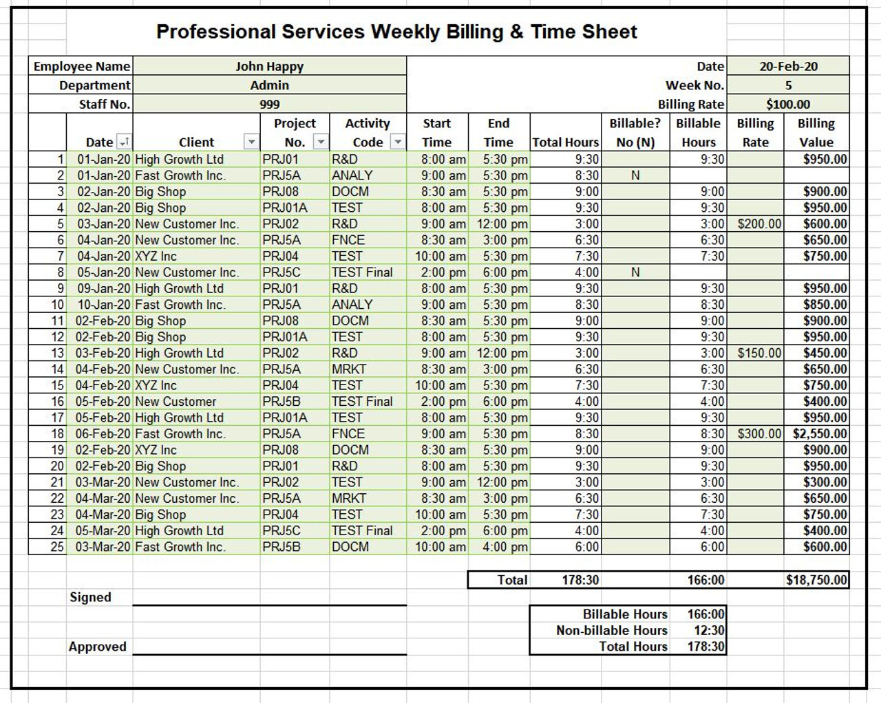 sample professional consultant timesheet template