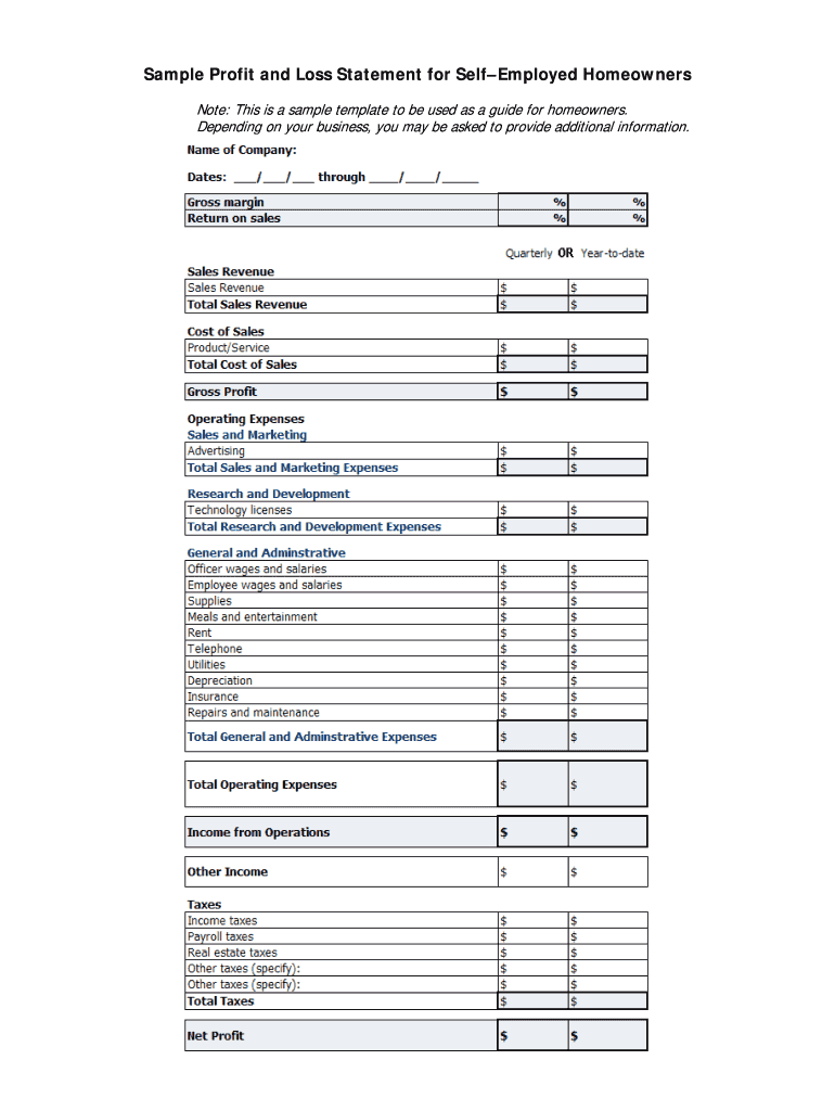 sample profit and loss for self employed template