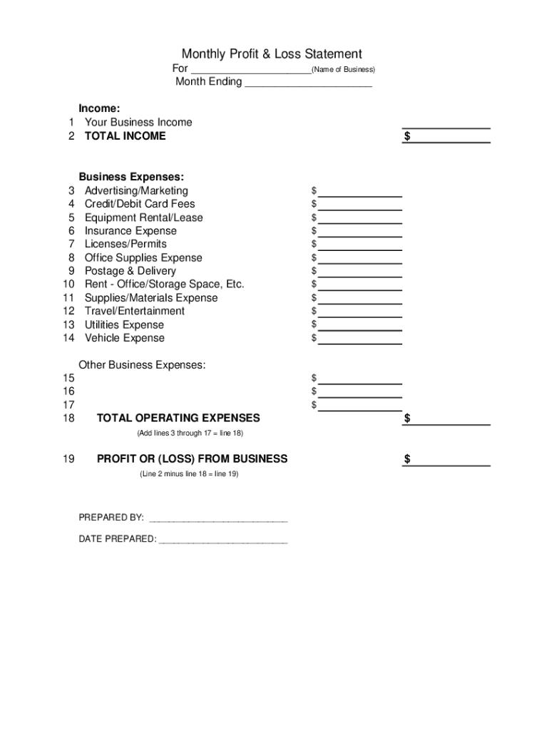 sample monthly profit and loss template