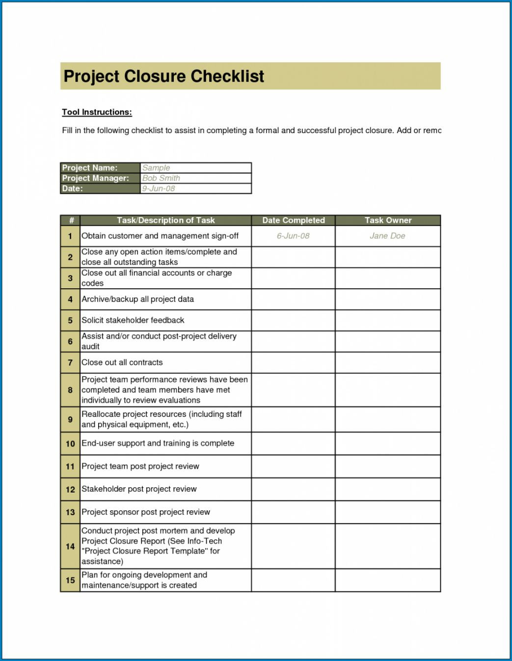 sample project closeout checklist template