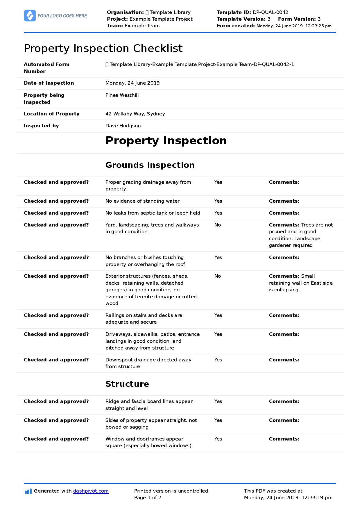 sample Property Inspection Checklist Template