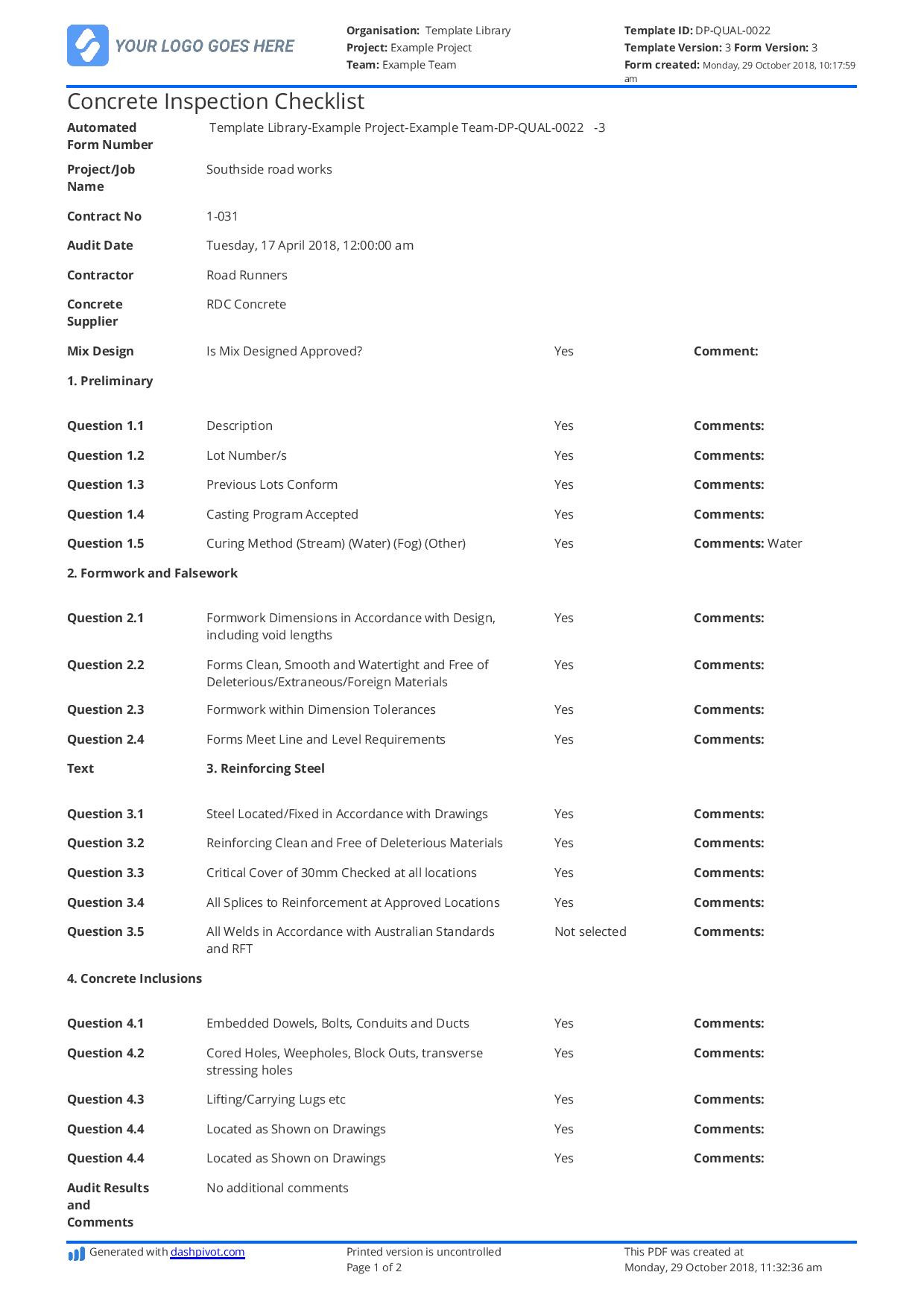 sample Construction Checklist Template