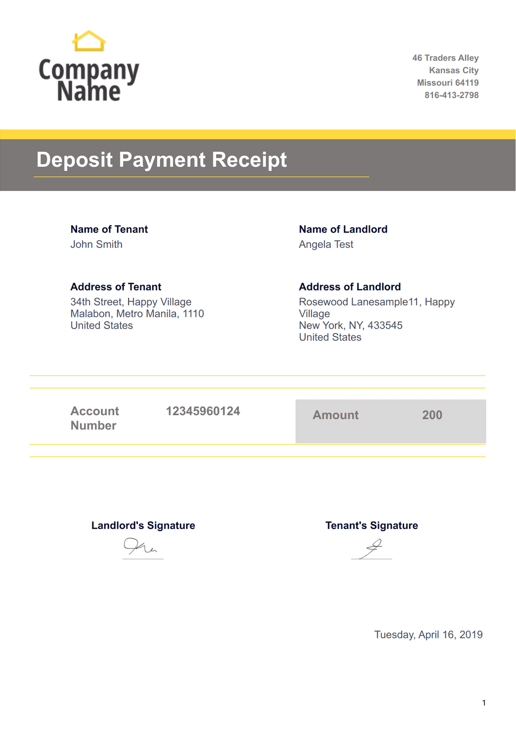 sample deposit receipt template