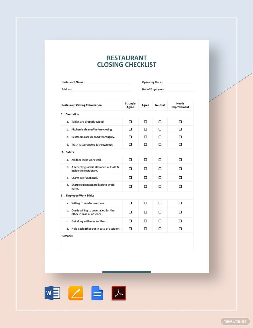 sample restaurant closing checklist template