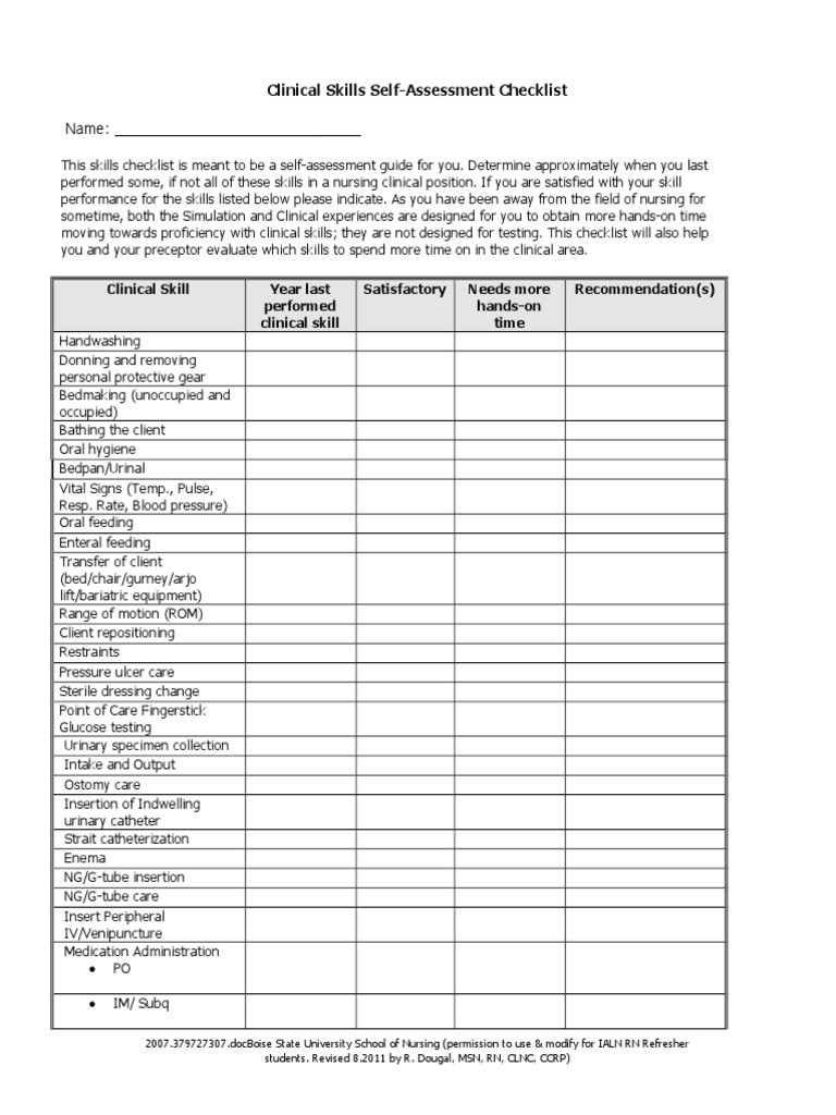 sample nursing skills checklist template