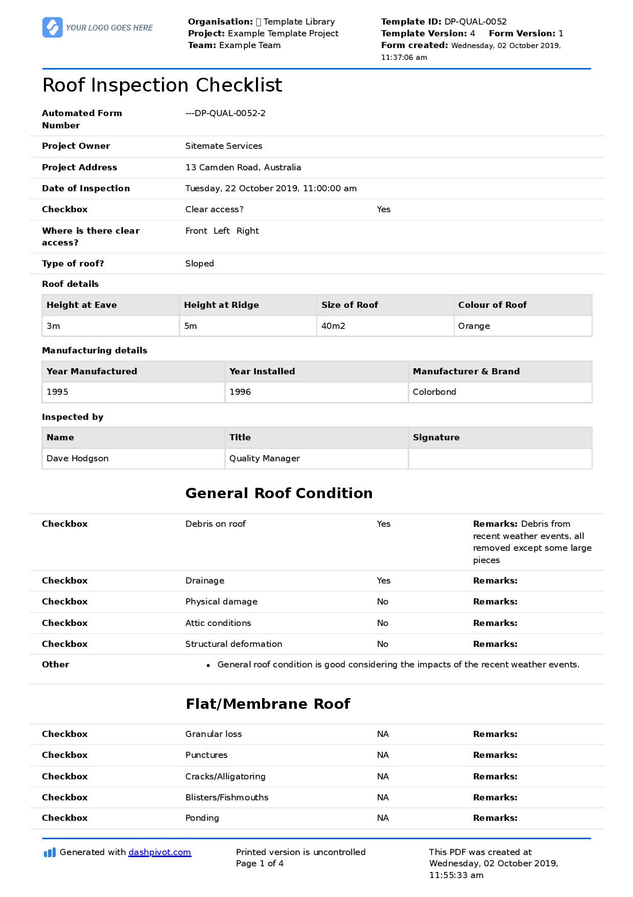 sample Roofing Checklist Template