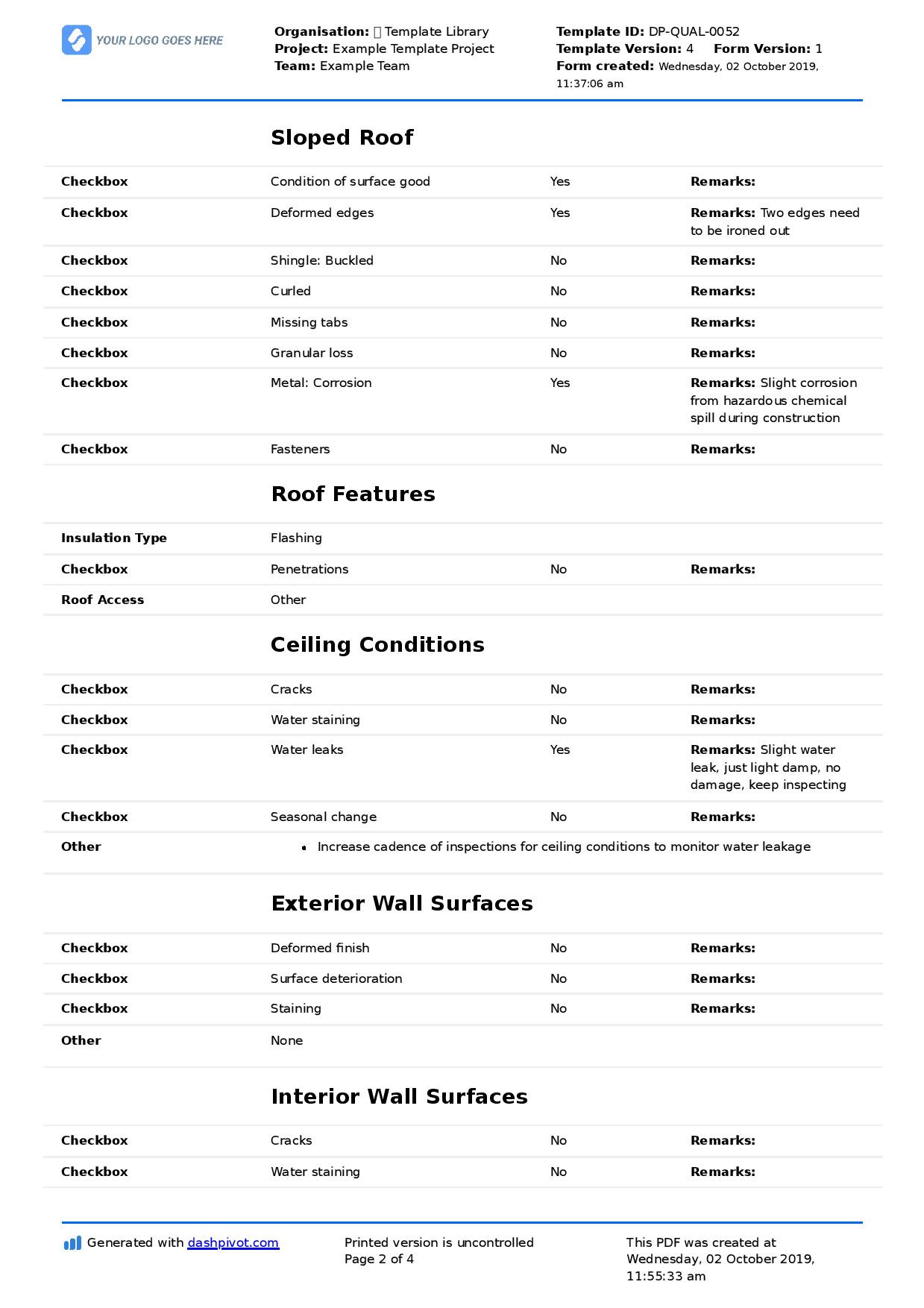 sample Roofing Checklist Template