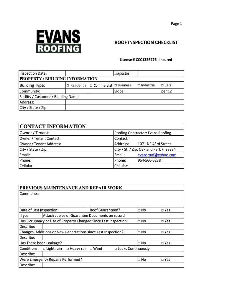 sample Roofing Checklist Template