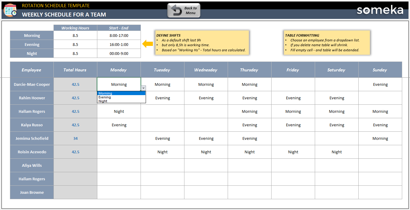 sample employee schedule with total hours template