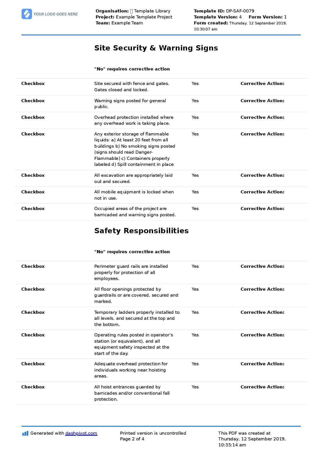 sample safety audit checklist template