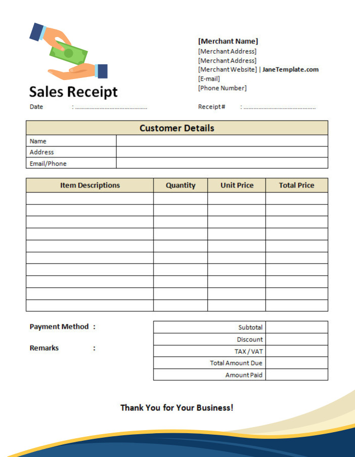 sample of printable blank sales receipt template