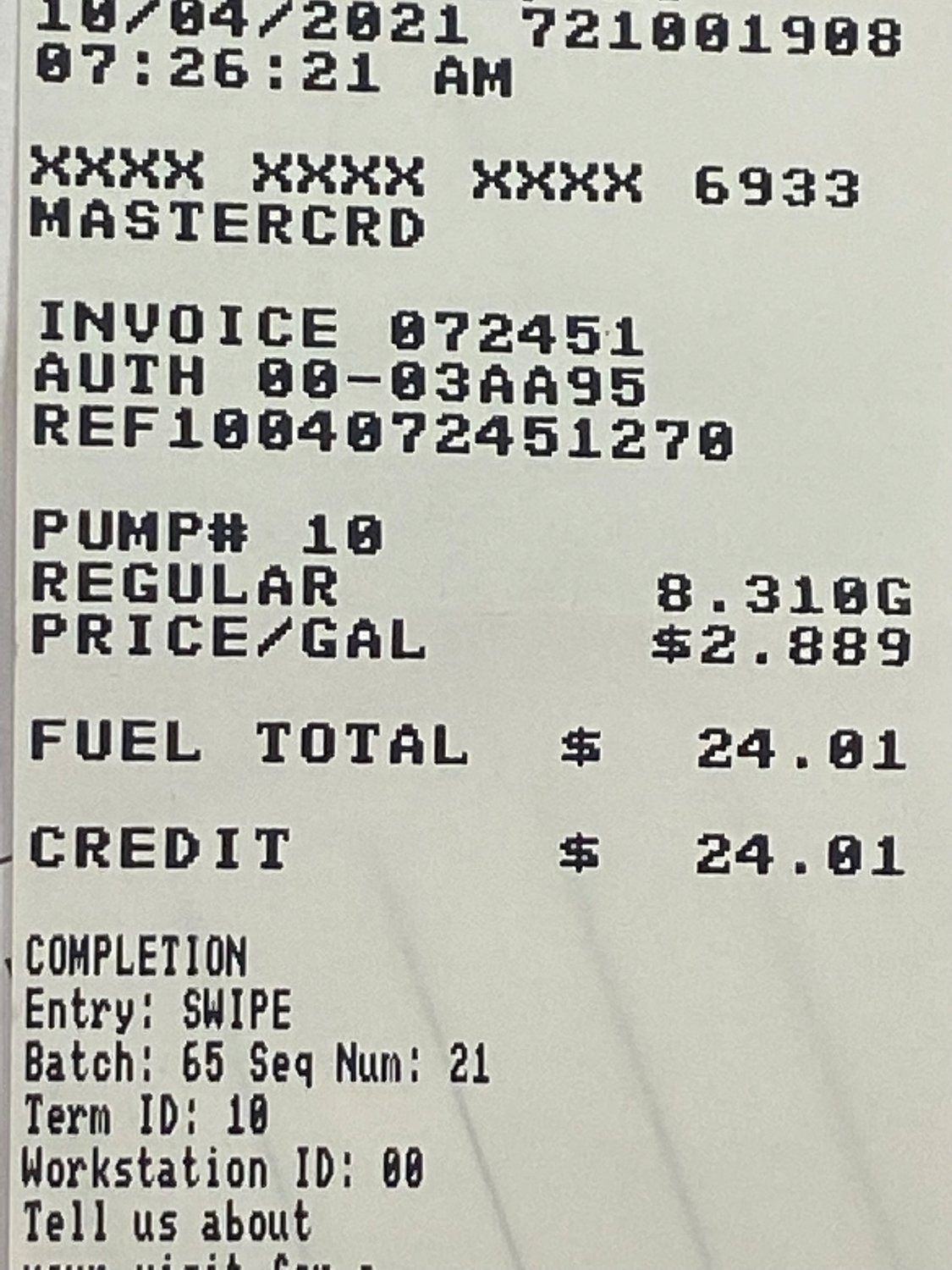 sample gas receipt template