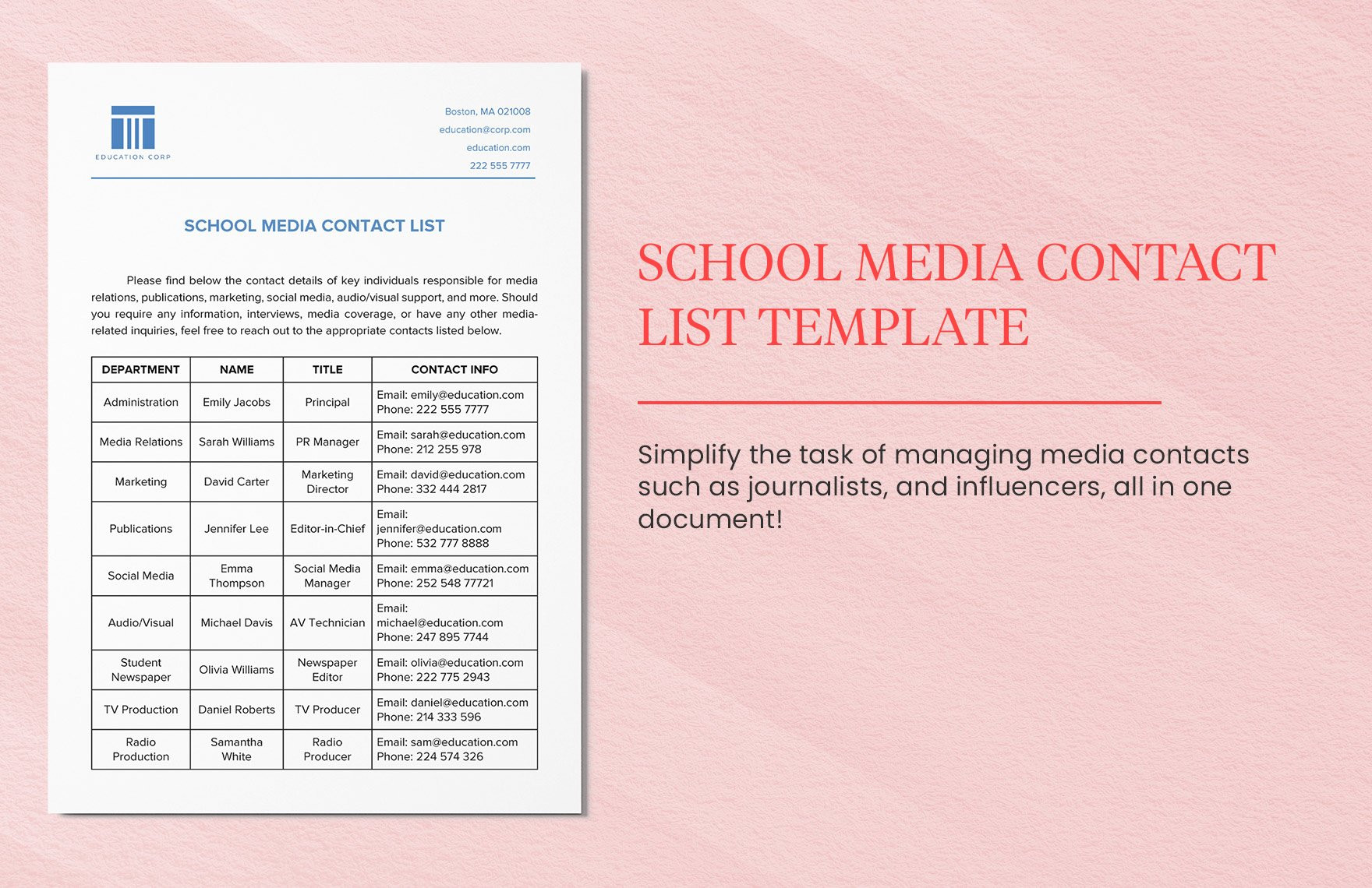 sample Media Contact List Template