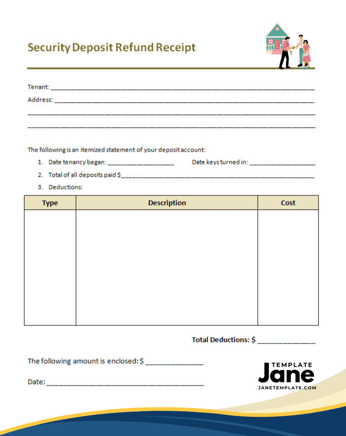 sample of printable security deposit refund receipt template