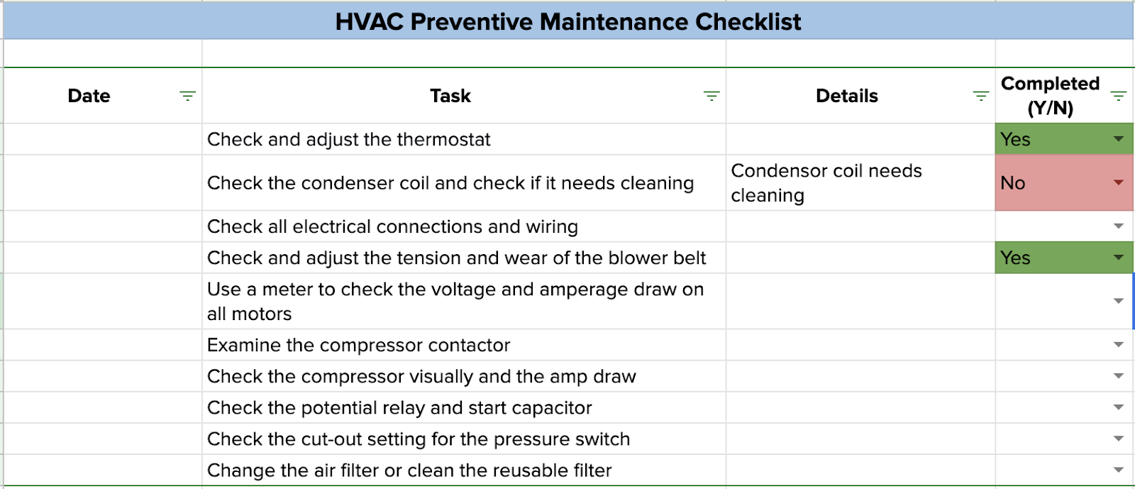 sample preventive maintenance checklist template