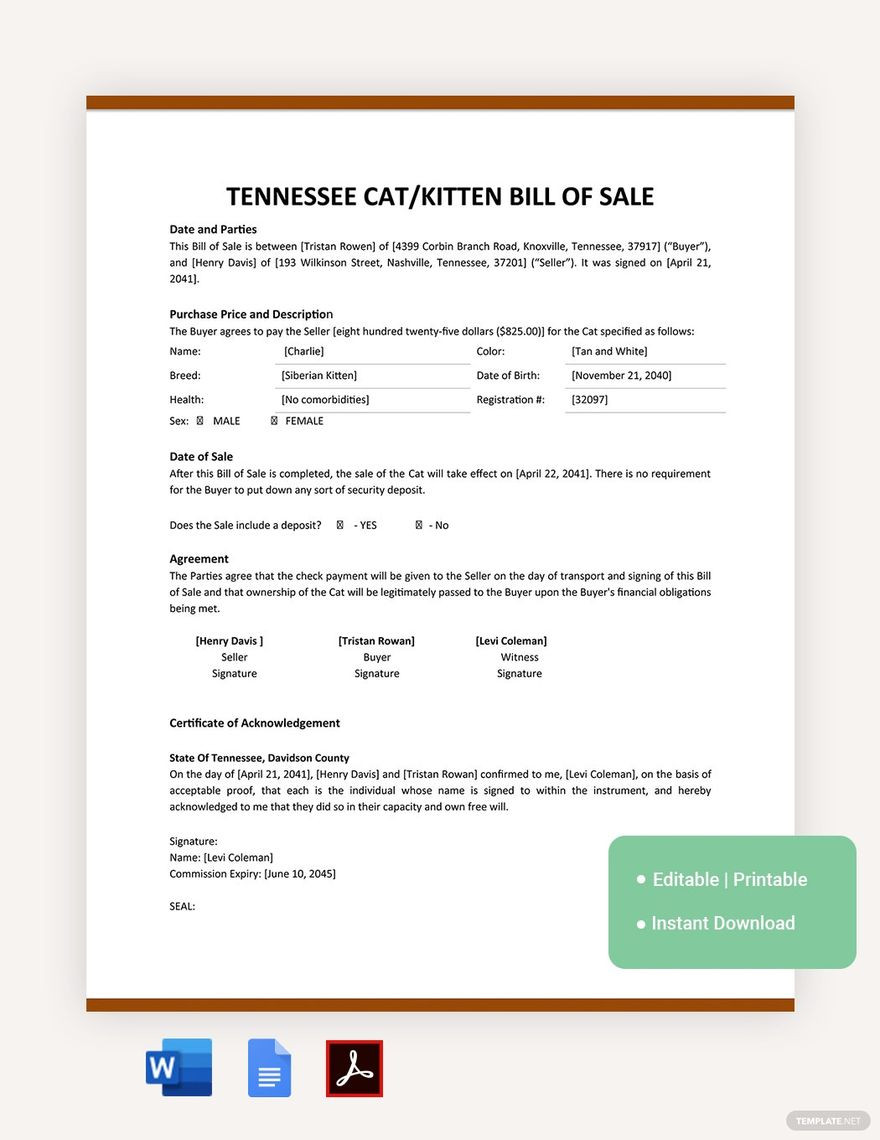 sample Cat/Kitten Bill of Sale Form