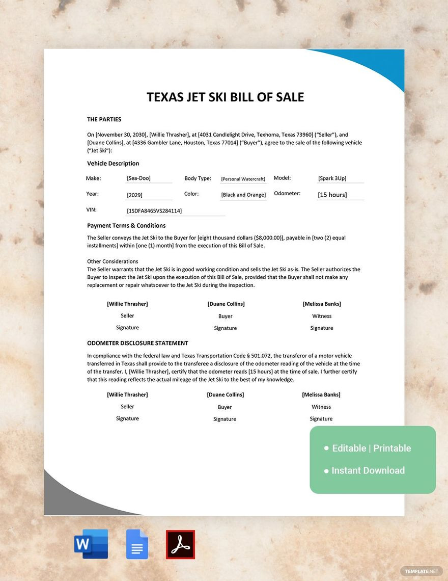 sample Jet Ski Bill of Sale Form