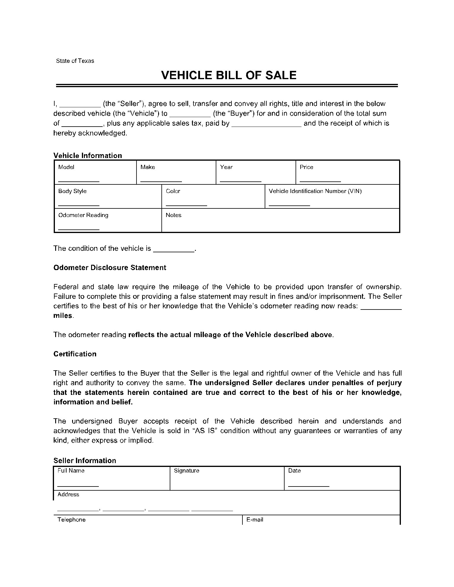 sample Notarized Bill of Sale Form