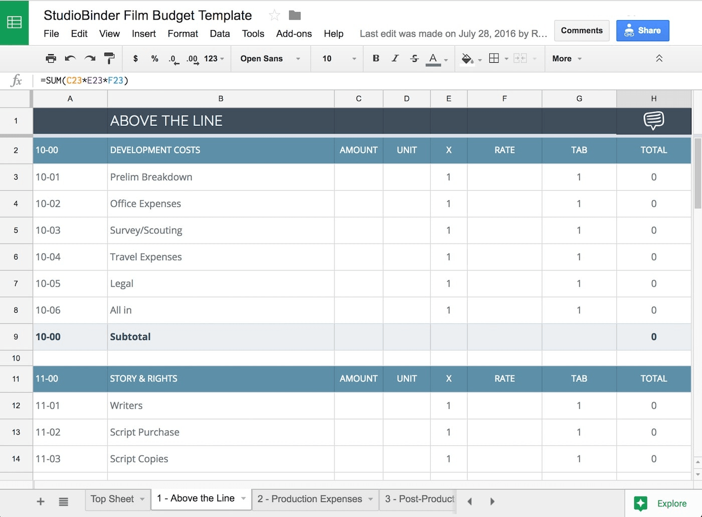 sample indie film budget template