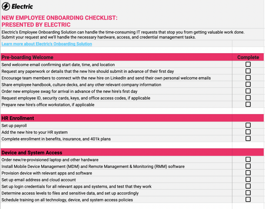 sample new employee onboarding checklist template