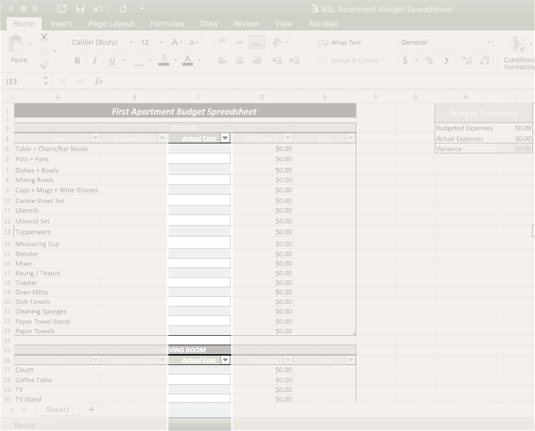 sample first apartment budget template