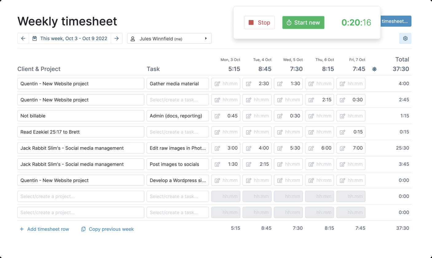 sample freelance timesheet template