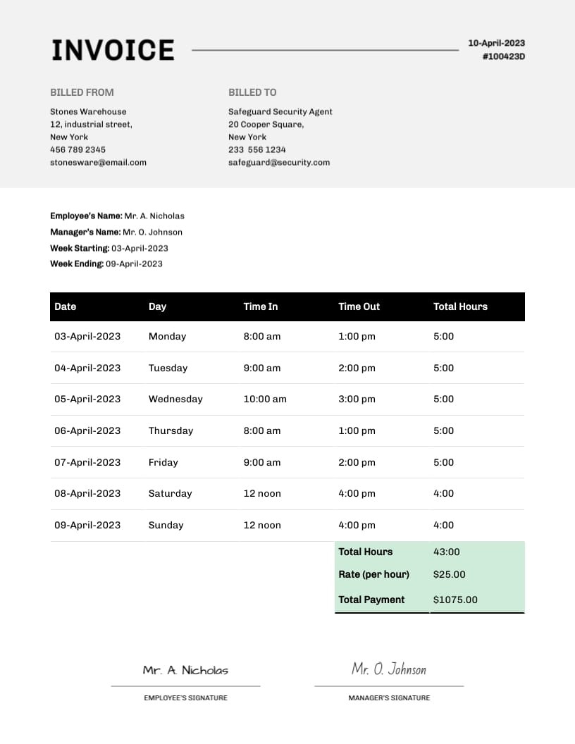 sample invoice timesheet template