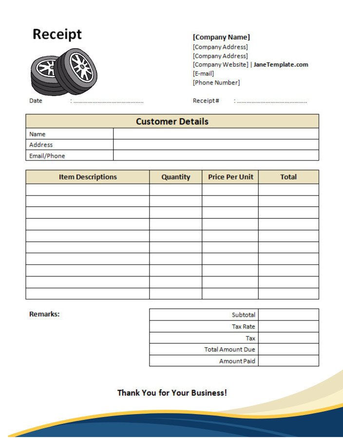 Example of free printable tire receipt template