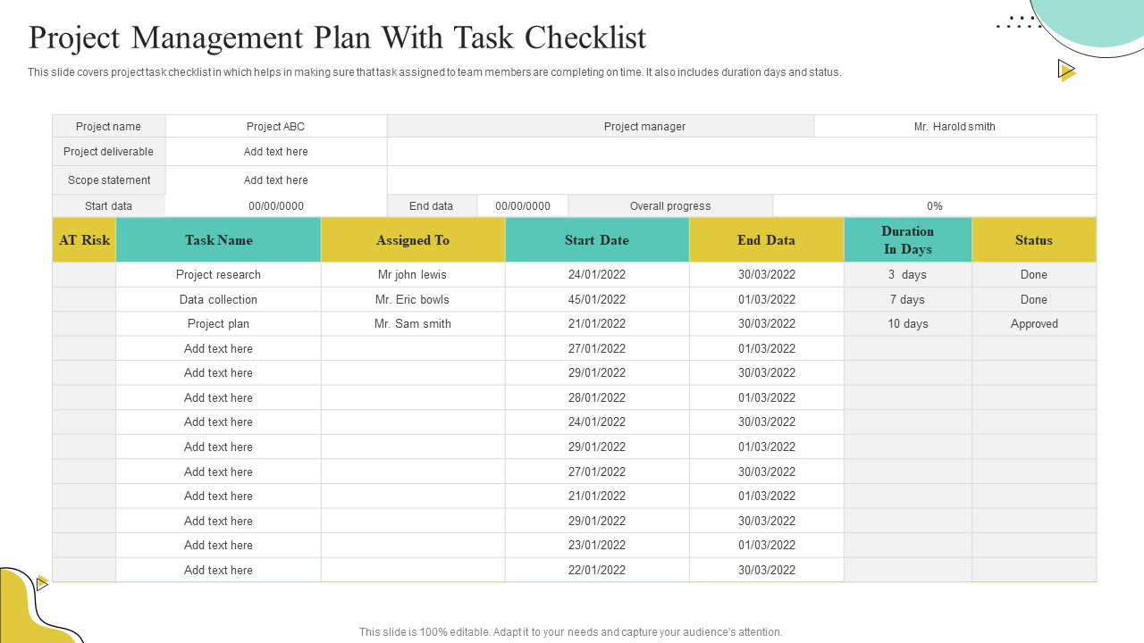 sample project checklist template