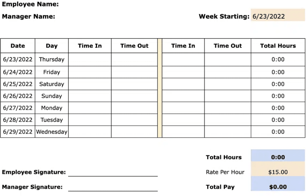 sample working timesheet template