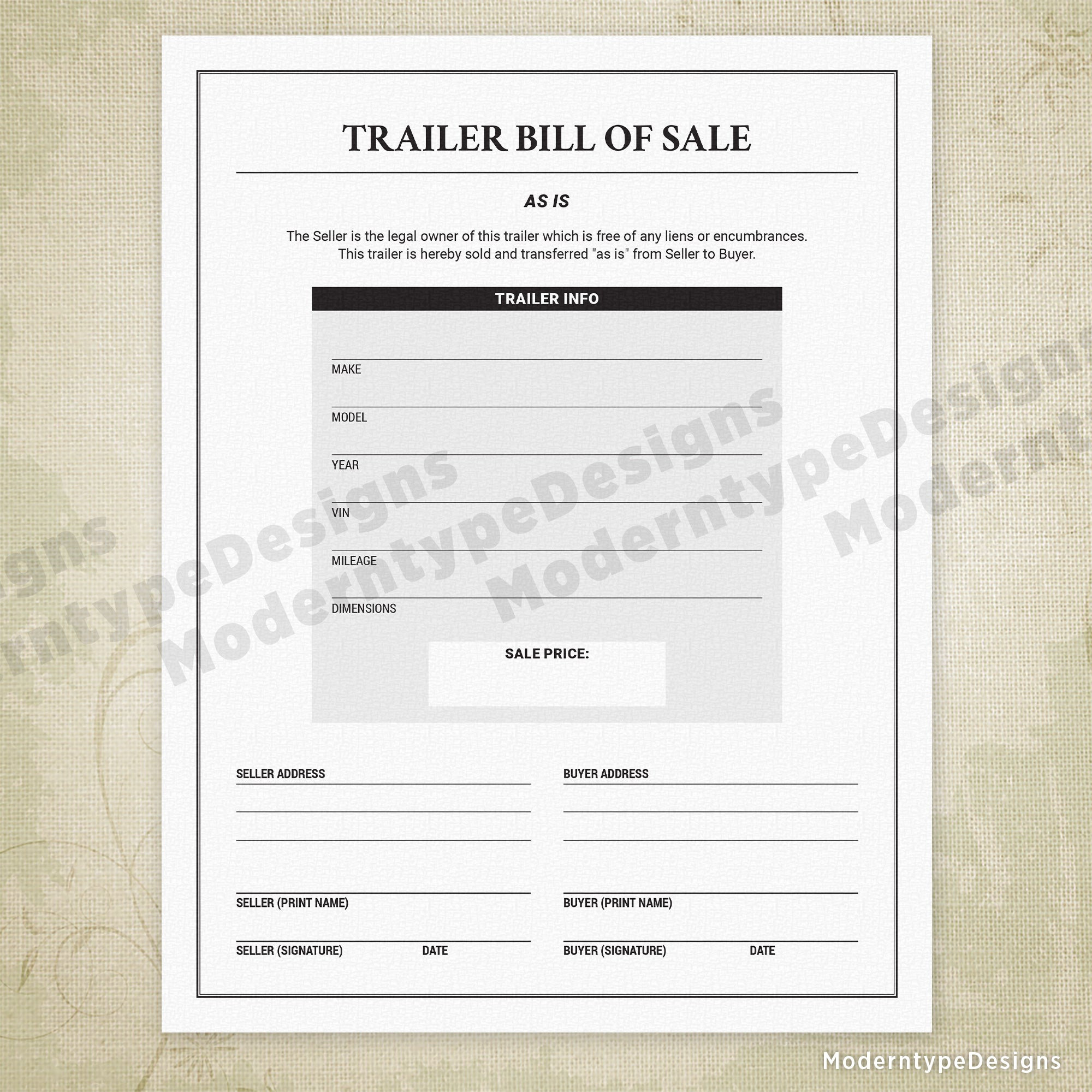 sample Bill of Sale Template For A Trailer